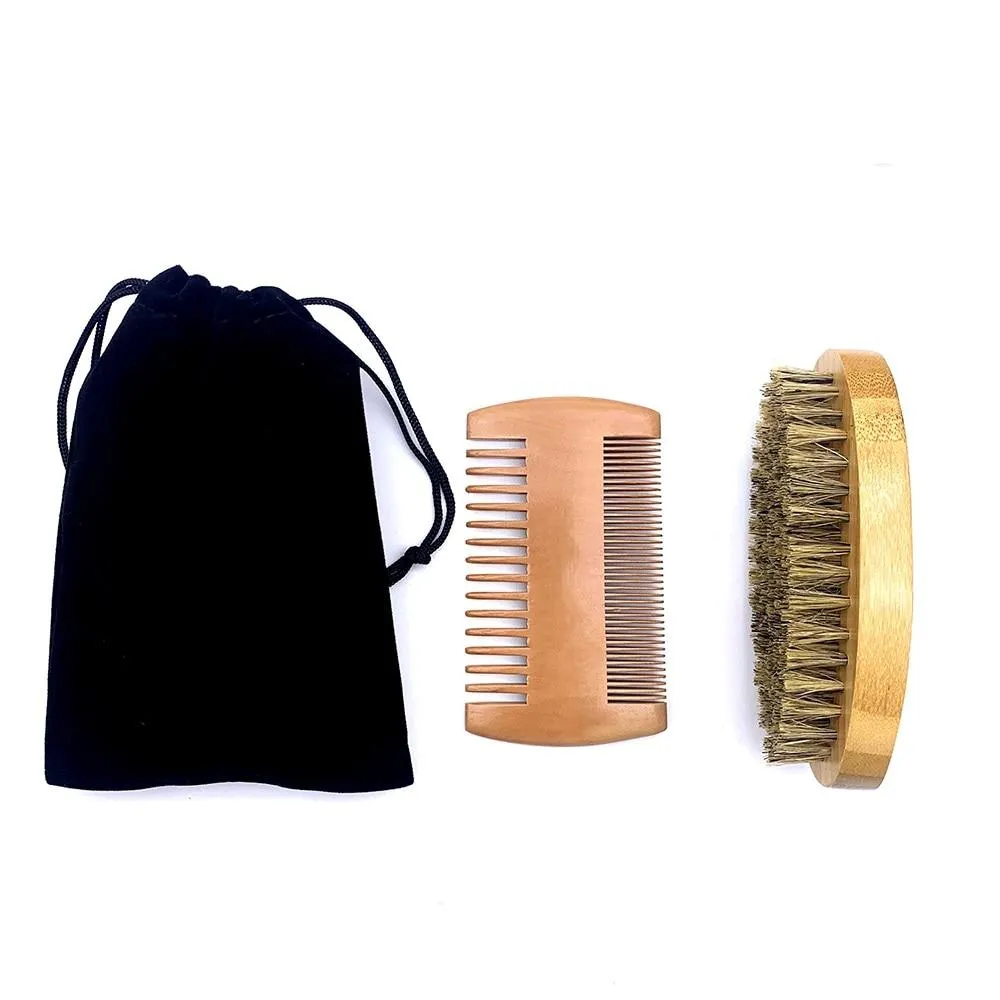 Boar Bristle Beard Brush & Beard Comb Set